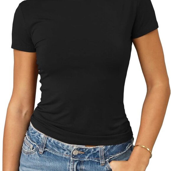 Elegant Black Crop Top for Women - Soft, Lightweight Short Sleeve Tee - Picture 1 of 6